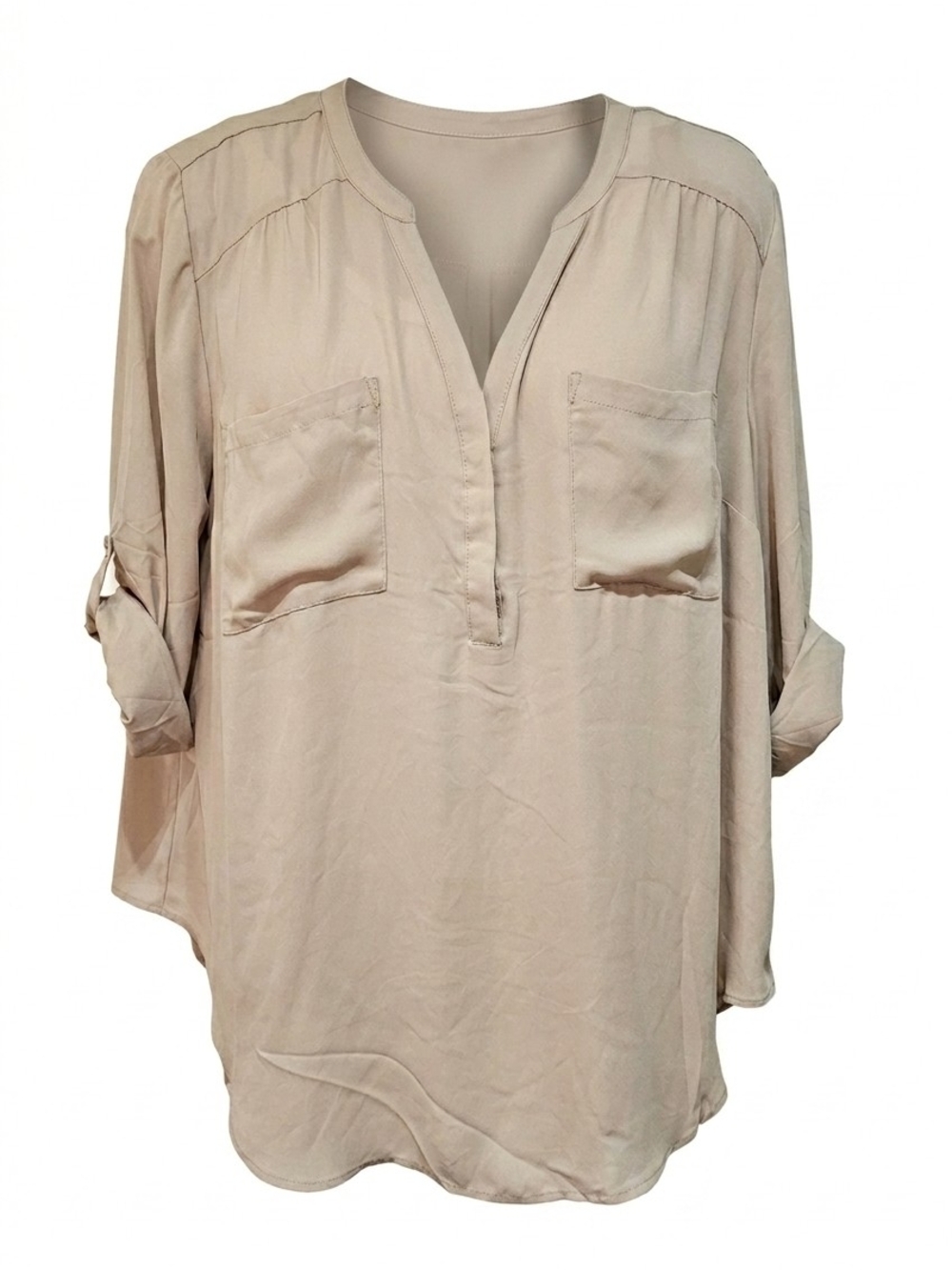 PLUS - ​Torrid Harper Beige Georgette Roll-Sleeve Pullover Blouse
